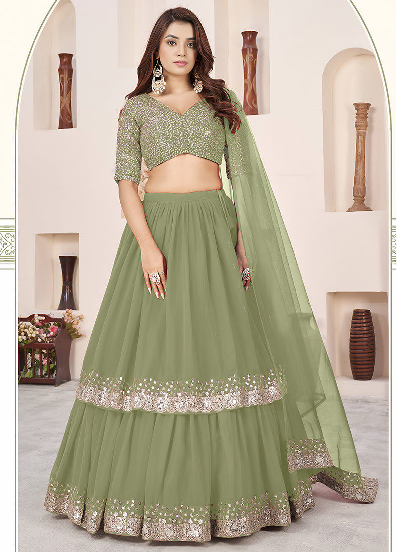 Olive Georgette Sequins Work Wedding Wear Lehenga Choli SW611066