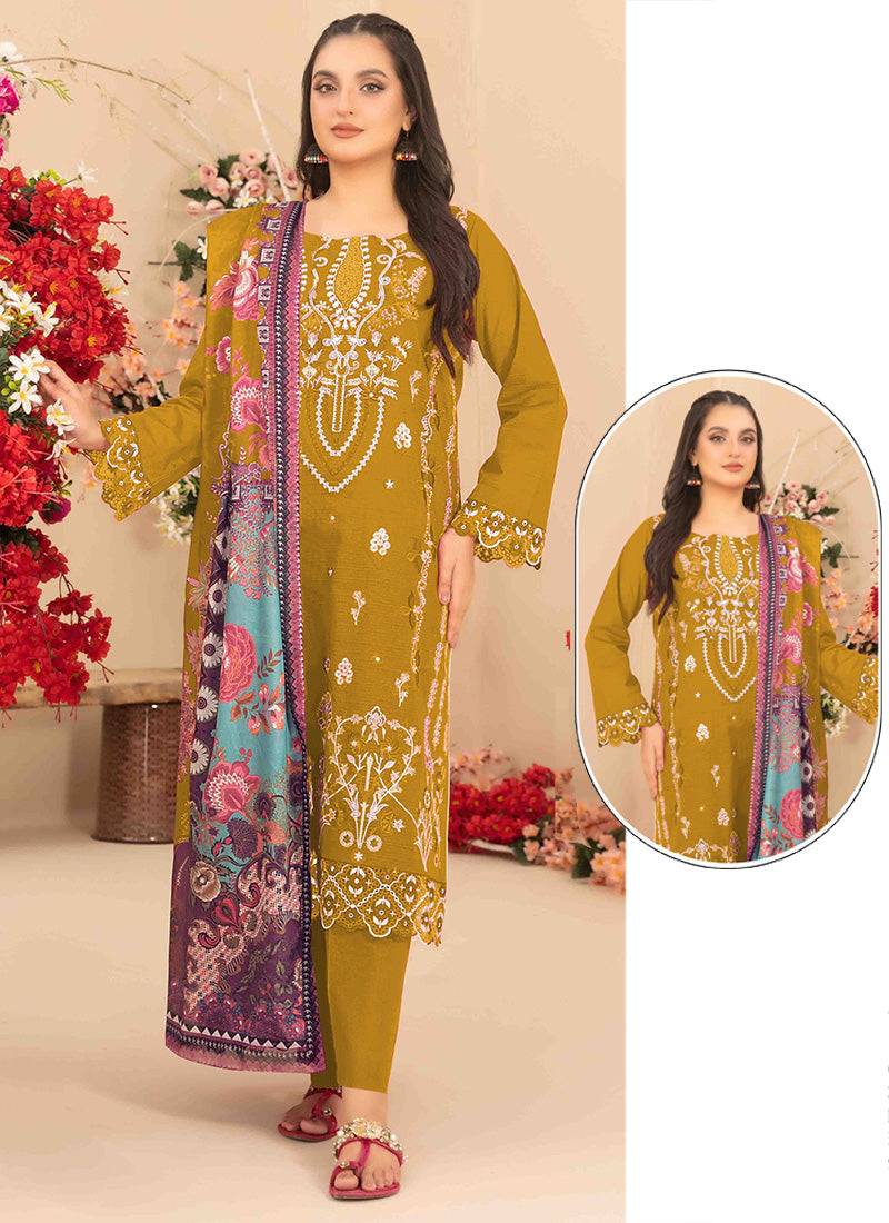 Olive Green Cambric Cotton Embroidery Work Eid Wear Pakistani Suit SW347913