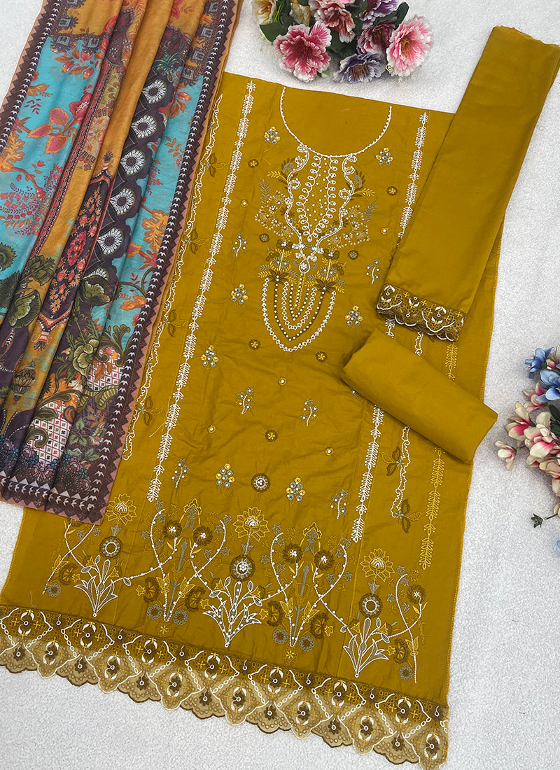 Olive Green Cambric Cotton Embroidery Work Eid Wear Pakistani Suit SW347913