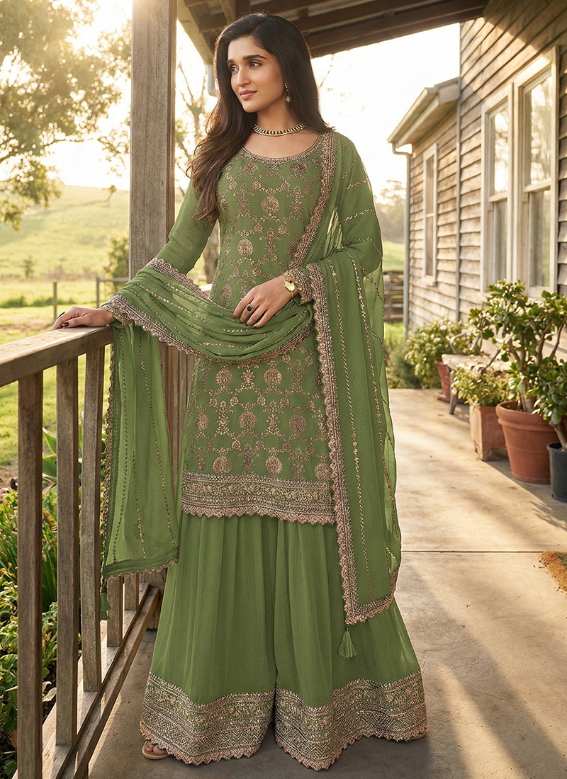 Olive Green Chinon Embroidery Work Festival Wear Readymade Plazzo Suit SW395473