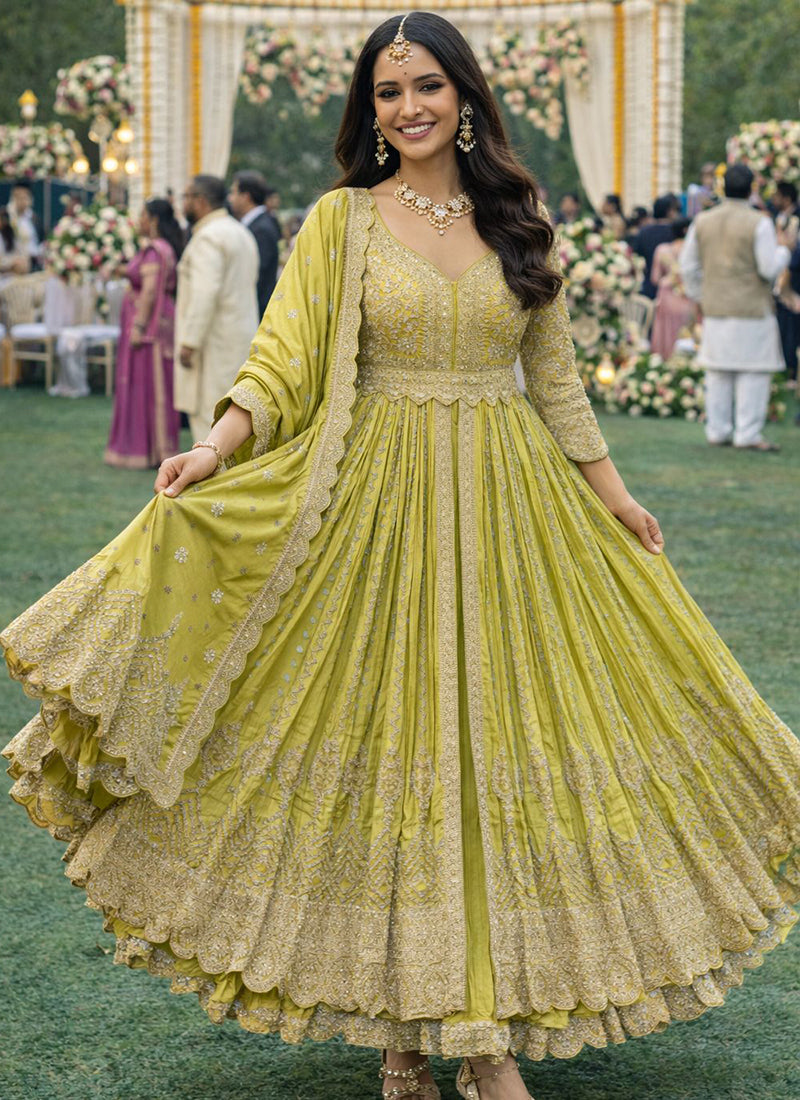 Olive Green Chinon Embroidery Work Wedding Wear Readymade Anarkali Suit SW626354