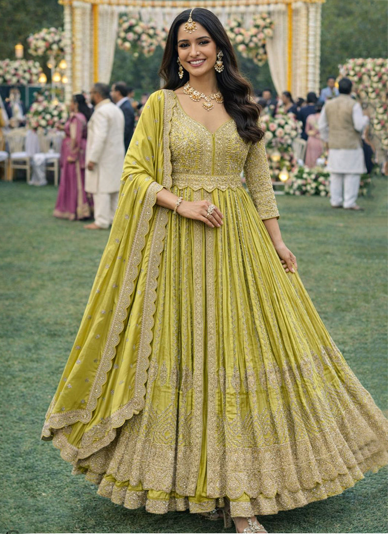 Olive Green Chinon Embroidery Work Wedding Wear Readymade Anarkali Suit SW626354