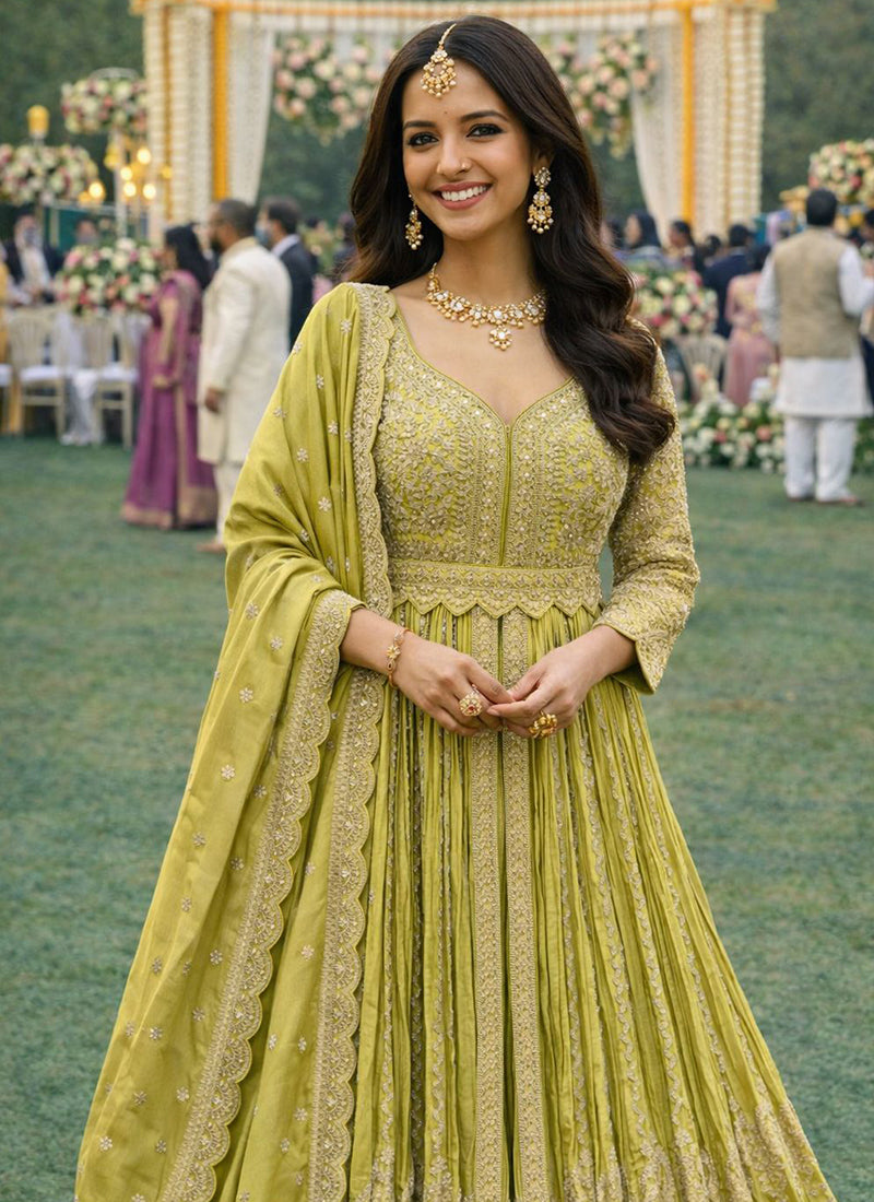 Olive Green Chinon Embroidery Work Wedding Wear Readymade Anarkali Suit SW626354