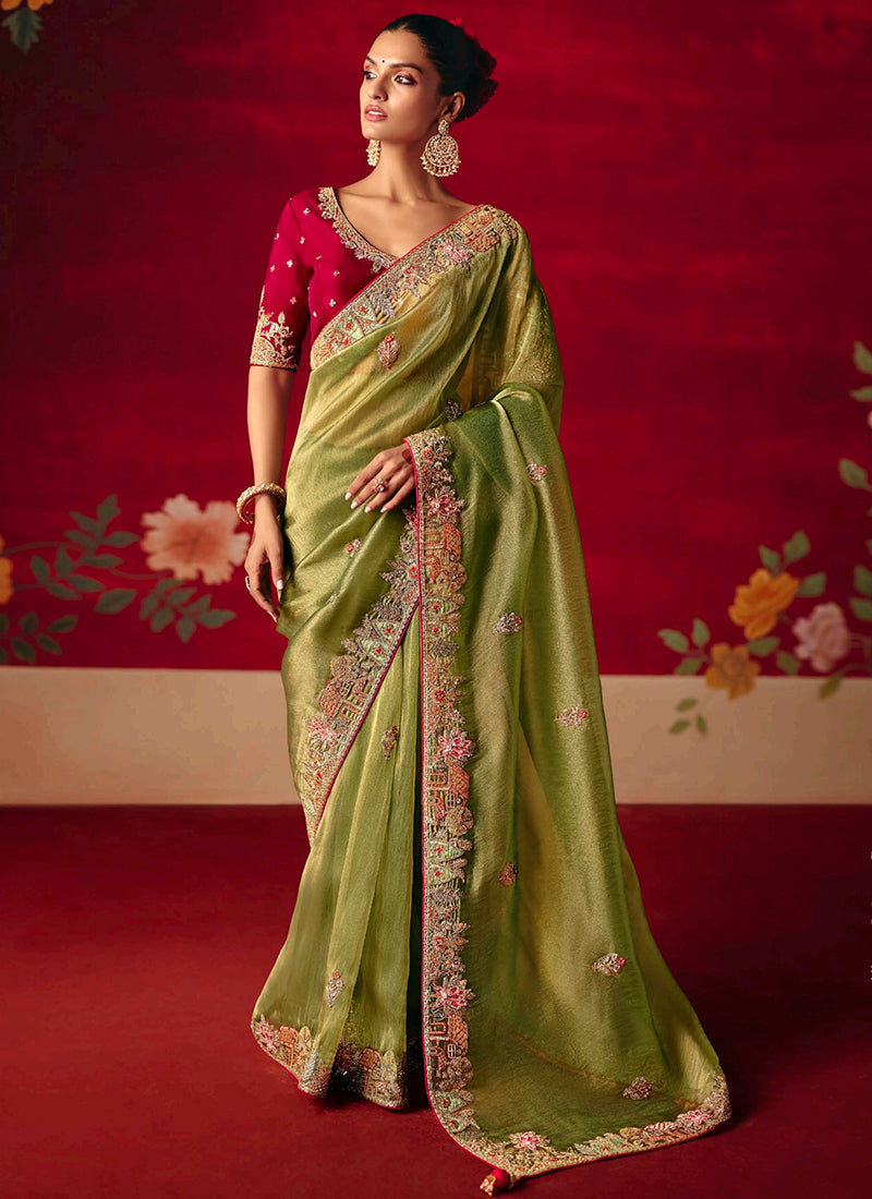 Fancy Silk Olive Green Wedding Wear Embroidery Work Wedding Saree 388688