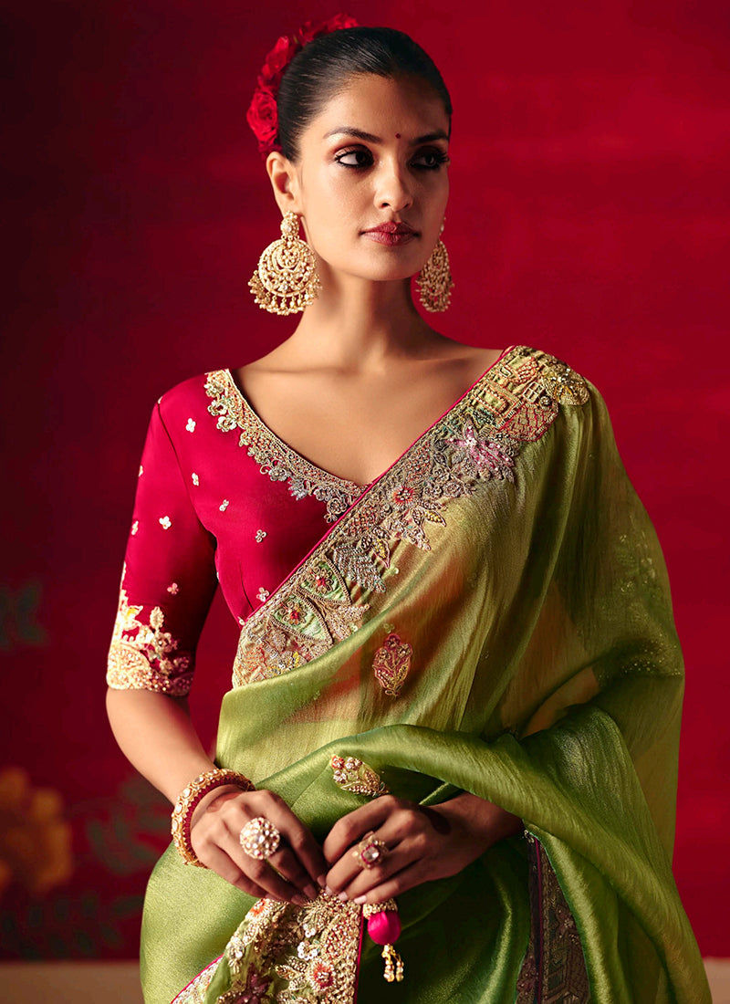 Fancy Silk Olive Green Wedding Wear Embroidery Work Wedding Saree 388688