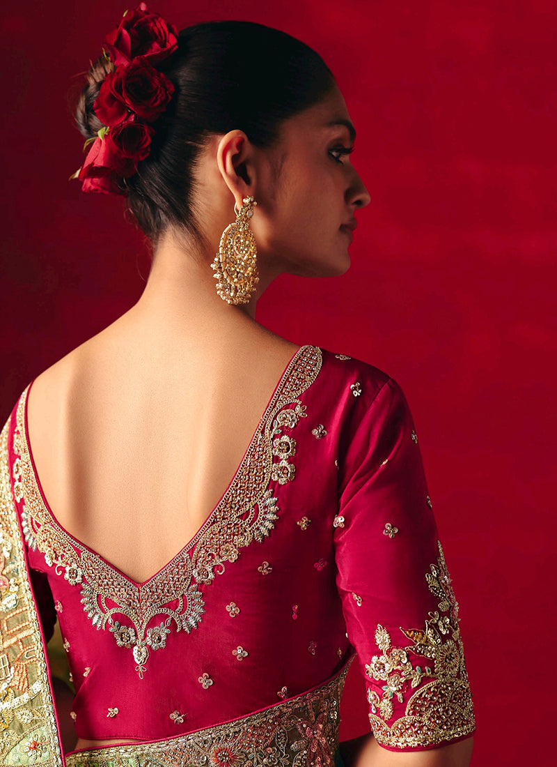 Fancy Silk Olive Green Wedding Wear Embroidery Work Wedding Saree 388688