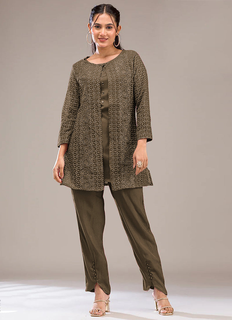 Faux Georgette Olive Green Casual Wear Embroidery Work Readymade Designer Kurti 388702