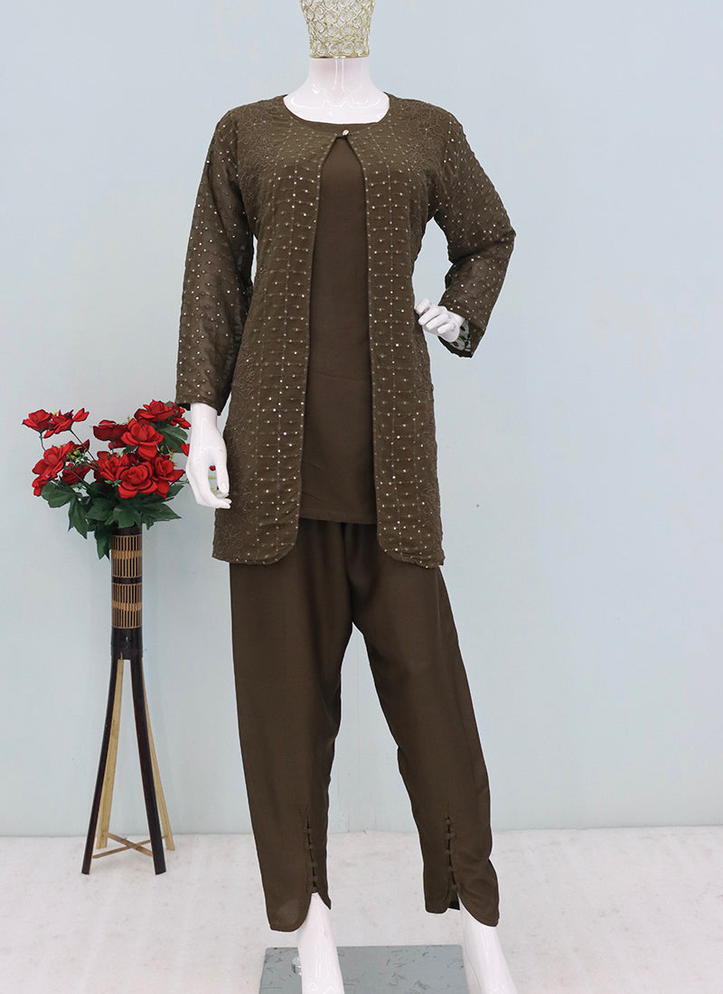 Faux Georgette Olive Green Casual Wear Embroidery Work Readymade Designer Kurti 388702