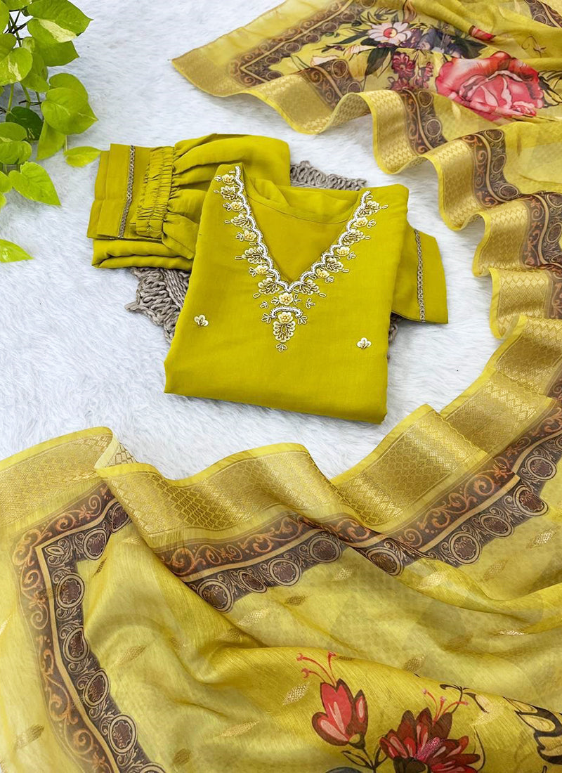 Chinnon Olive Green Traditional Wear Hand Work Readymade Kurti Set