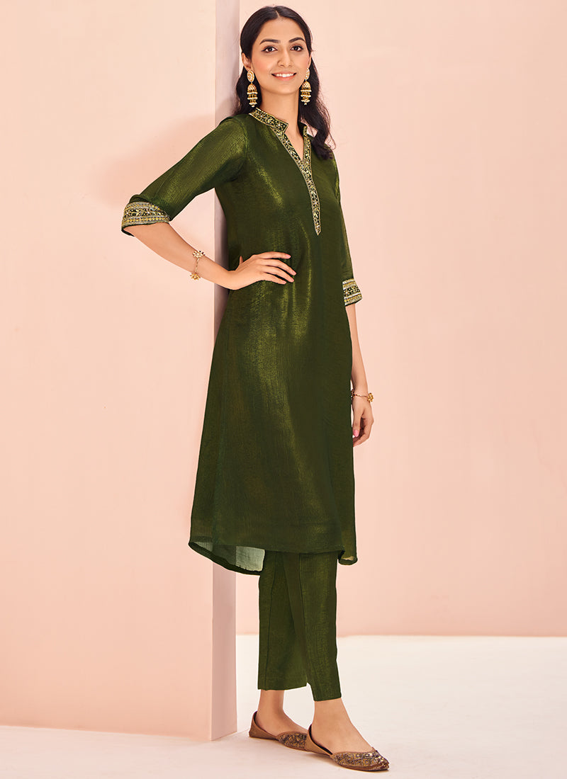 Organza Olive Green Party Wear Hand Work Readymade Kurti With Pant