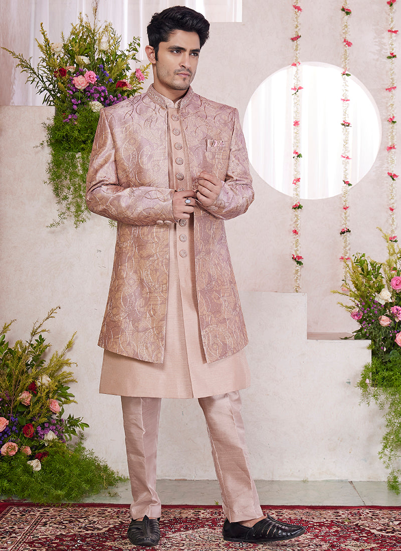 Digital Print  Silk Onion Party Wear Embroidery Onnack Woek And Button Readymade Sherwani With Jacket
