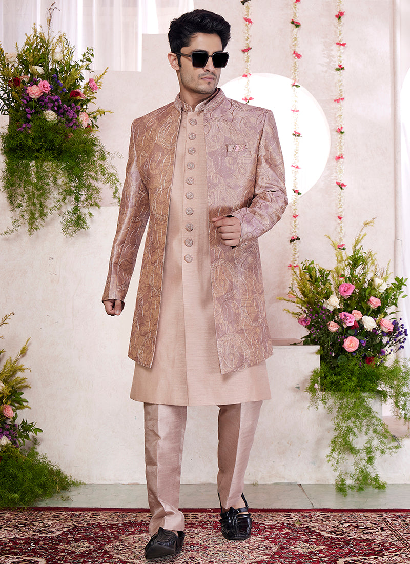 Digital Print  Silk Onion Party Wear Embroidery Onnack Woek And Button Readymade Sherwani With Jacket