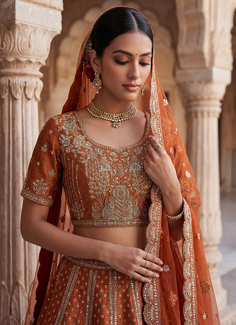 Orange  Silk Embroidery Work Wedding Wear Lehenga Choli SW837643