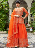 Orange Chinon Mirror Work Party Wear Readymade Plazzo Suit SW348176