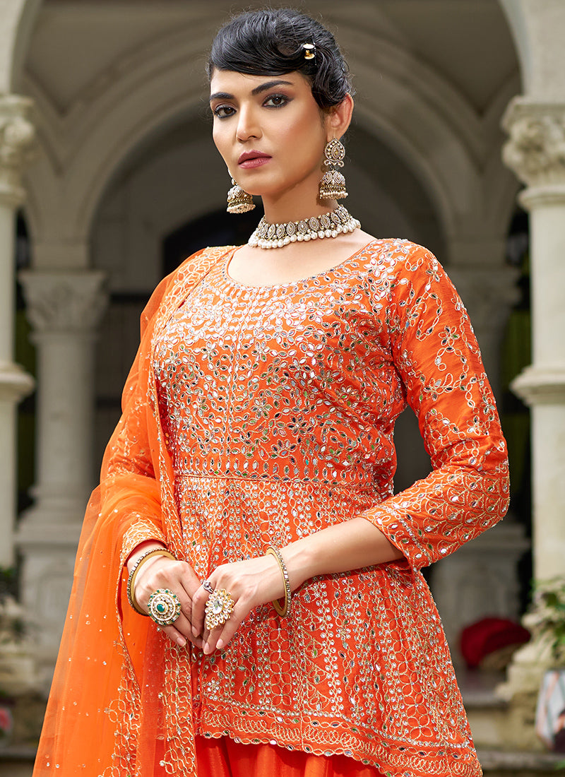 Orange Chinon Mirror Work Party Wear Readymade Plazzo Suit SW348176