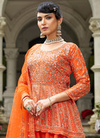 Orange Chinon Mirror Work Party Wear Readymade Plazzo Suit SW348176