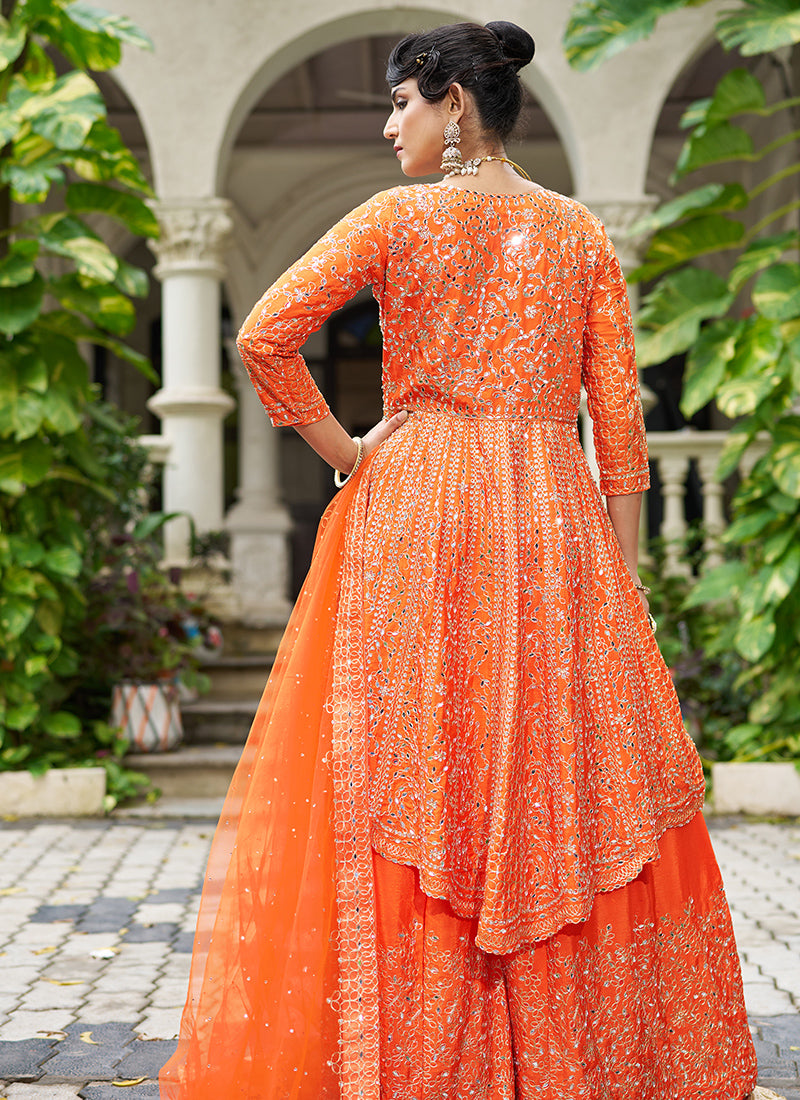 Orange Chinon Mirror Work Party Wear Readymade Plazzo Suit SW348176