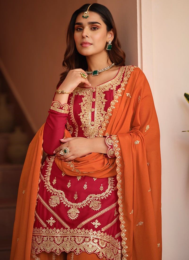 Orange Chinon Silk Zari Embroidery Work Wedding Wear Readymade Plazzo Suit SW886287