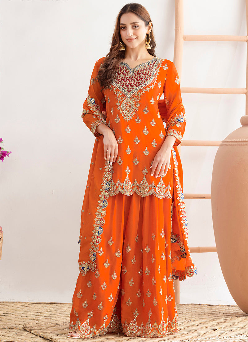 Chinon Orange Wedding Wear Embroidery Hand Work Readymade Plazzo Suit