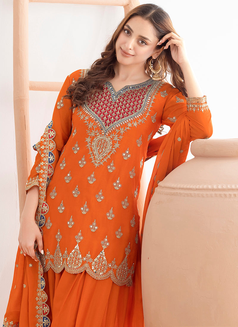 Chinon Orange Wedding Wear Embroidery Hand Work Readymade Plazzo Suit