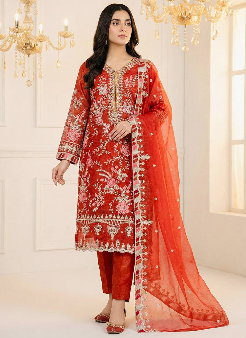 Orange Crunchy Silk Zari Work Eid Wear Readymade Salwar Suit SW823459