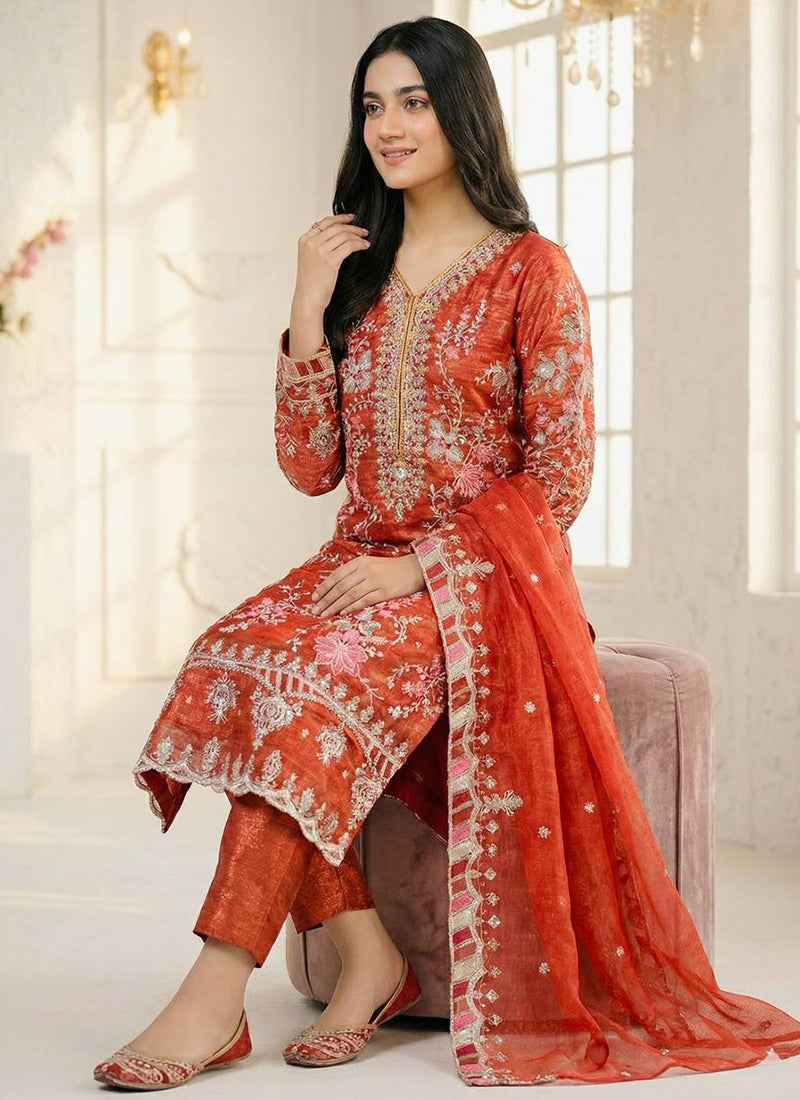 Orange Crunchy Silk Zari Work Eid Wear Readymade Salwar Suit SW823459