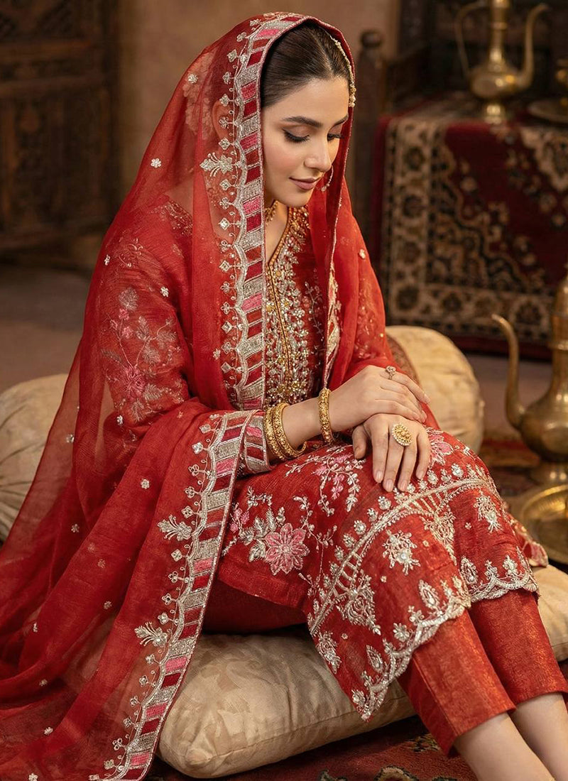 Orange Crunchy Silk Zari Work Eid Wear Readymade Salwar Suit SW823459