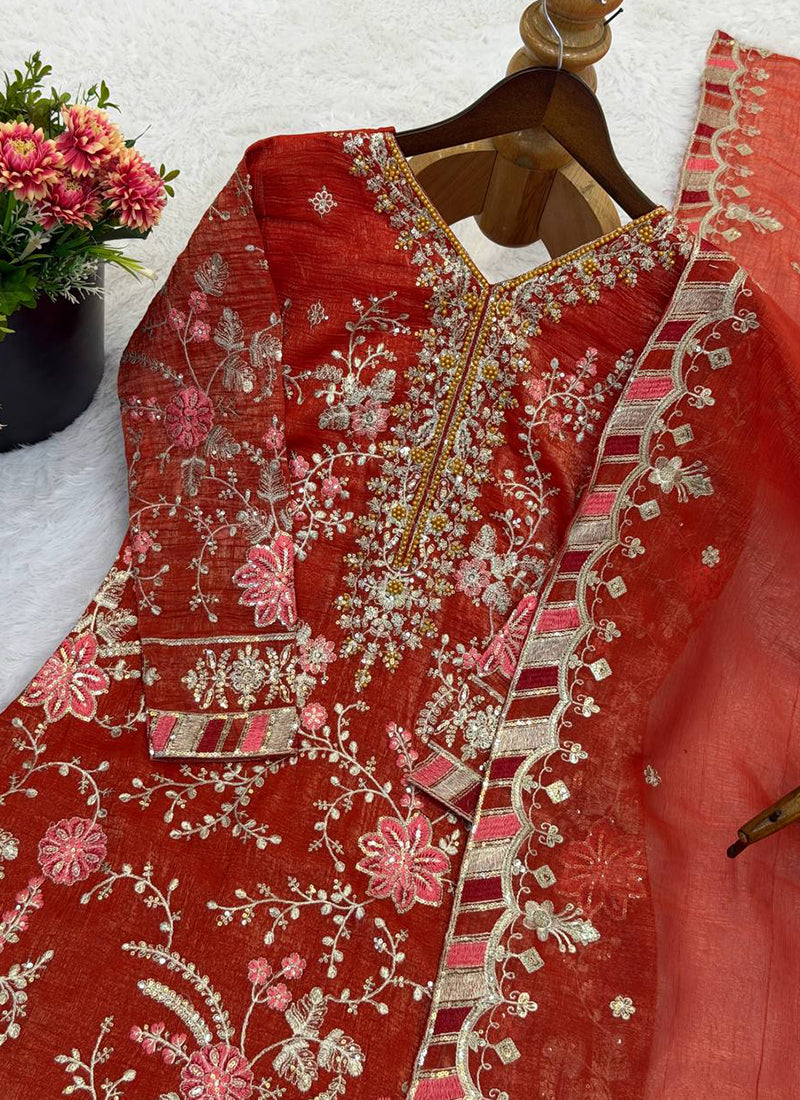 Orange Crunchy Silk Zari Work Eid Wear Readymade Salwar Suit SW823459