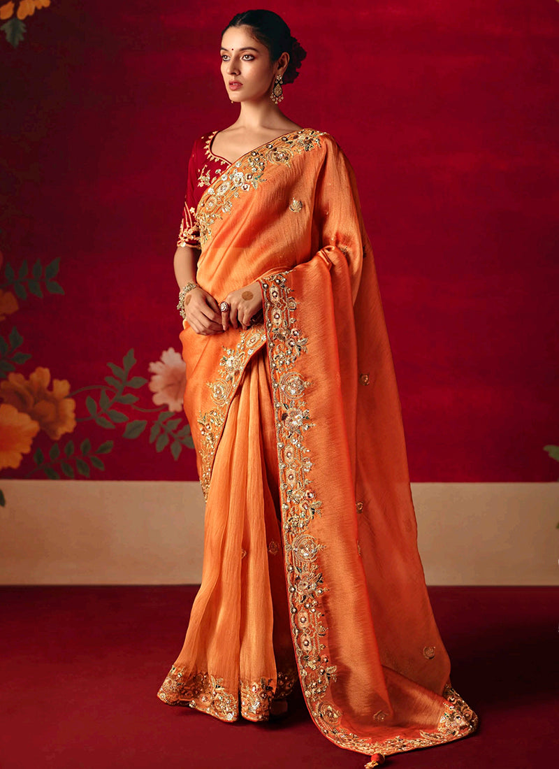 Fancy Silk Orange Wedding Wear Embroidery Work Wedding Saree 388689