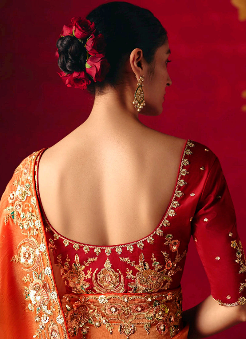 Fancy Silk Orange Wedding Wear Embroidery Work Wedding Saree 388689