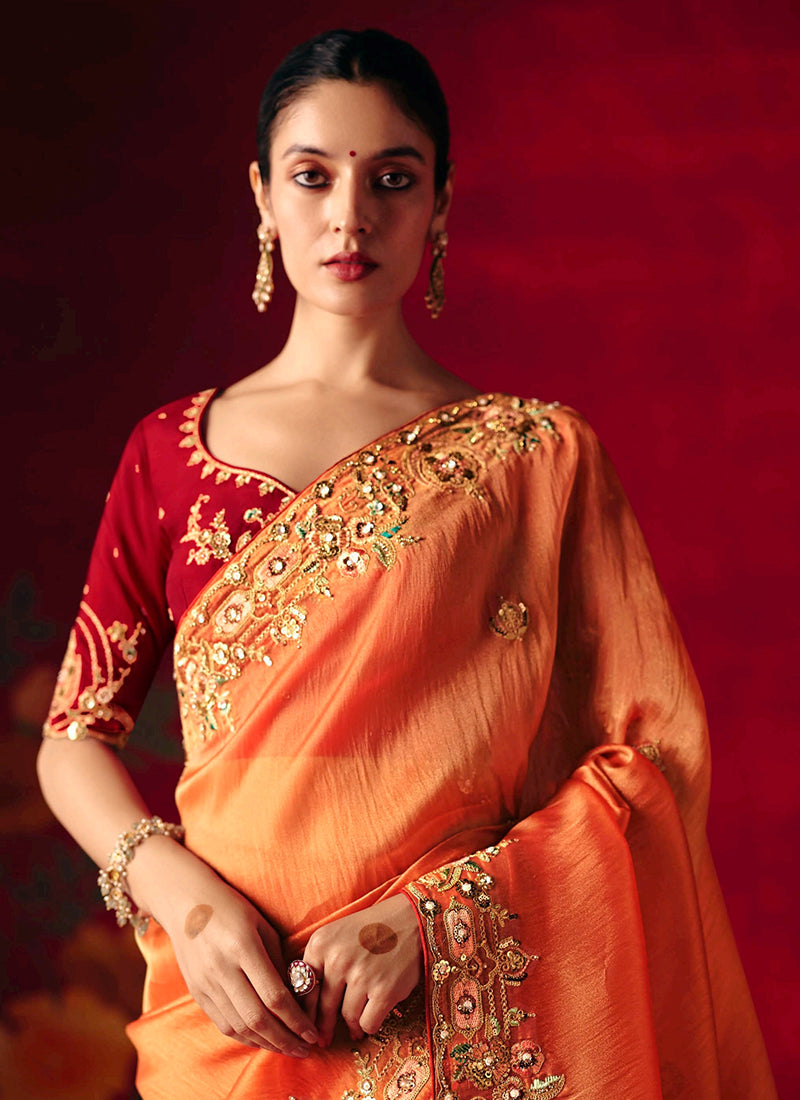 Fancy Silk Orange Wedding Wear Embroidery Work Wedding Saree 388689