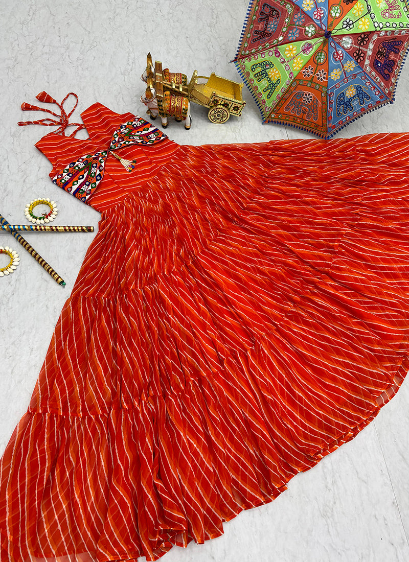 Faux Georgette Orange Navratri Wear Bhandhani Print Readymade Gown