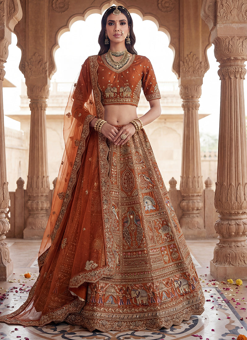 Orange Gadhwal Silk Embroidery Work Wedding Wear Lehenga Choli SW584402