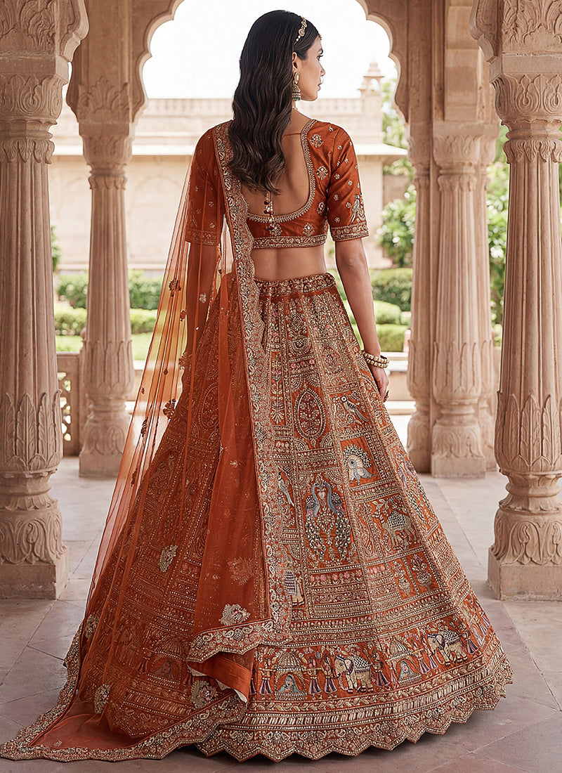 Orange Gadhwal Silk Embroidery Work Wedding Wear Lehenga Choli SW584402