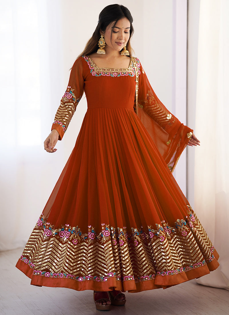 Georgette Orange Wedding Wear Embroidery Work Readymade Anarkali Suit