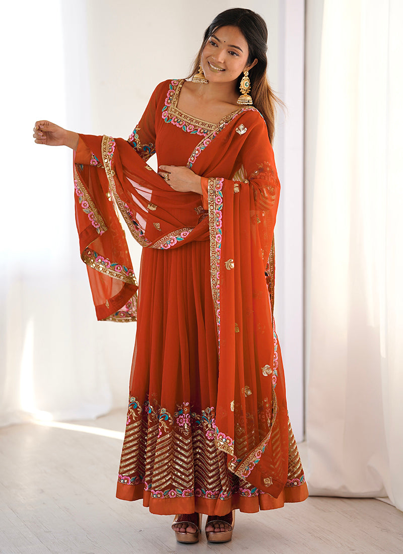 Georgette Orange Wedding Wear Embroidery Work Readymade Anarkali Suit