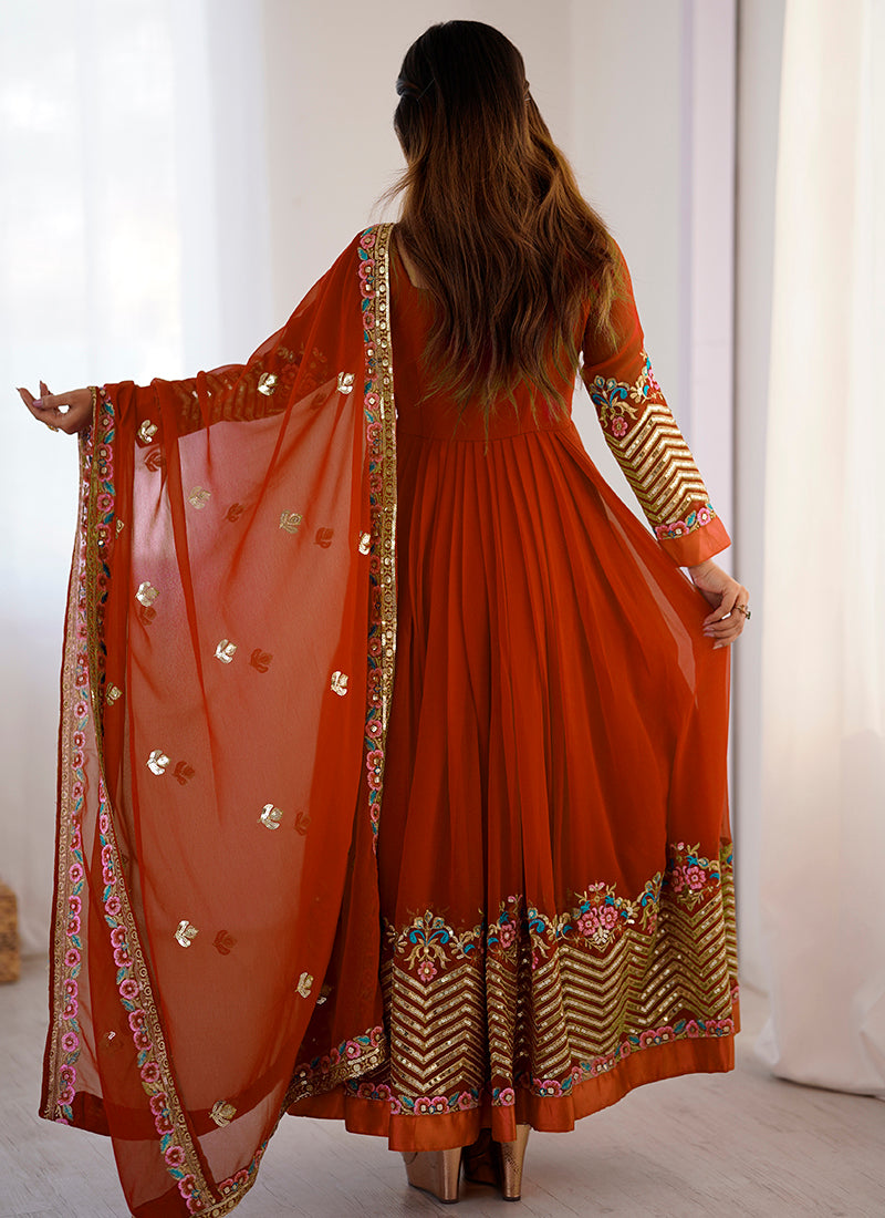 Georgette Orange Wedding Wear Embroidery Work Readymade Anarkali Suit