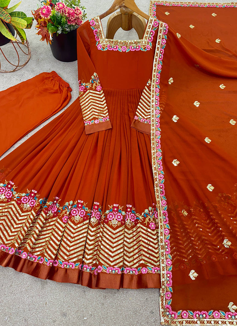 Georgette Orange Wedding Wear Embroidery Work Readymade Anarkali Suit