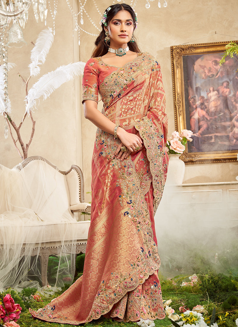 Giraffe Viscose Silk Orange Wedding Wear Weaving Work Wedding Saree 388991