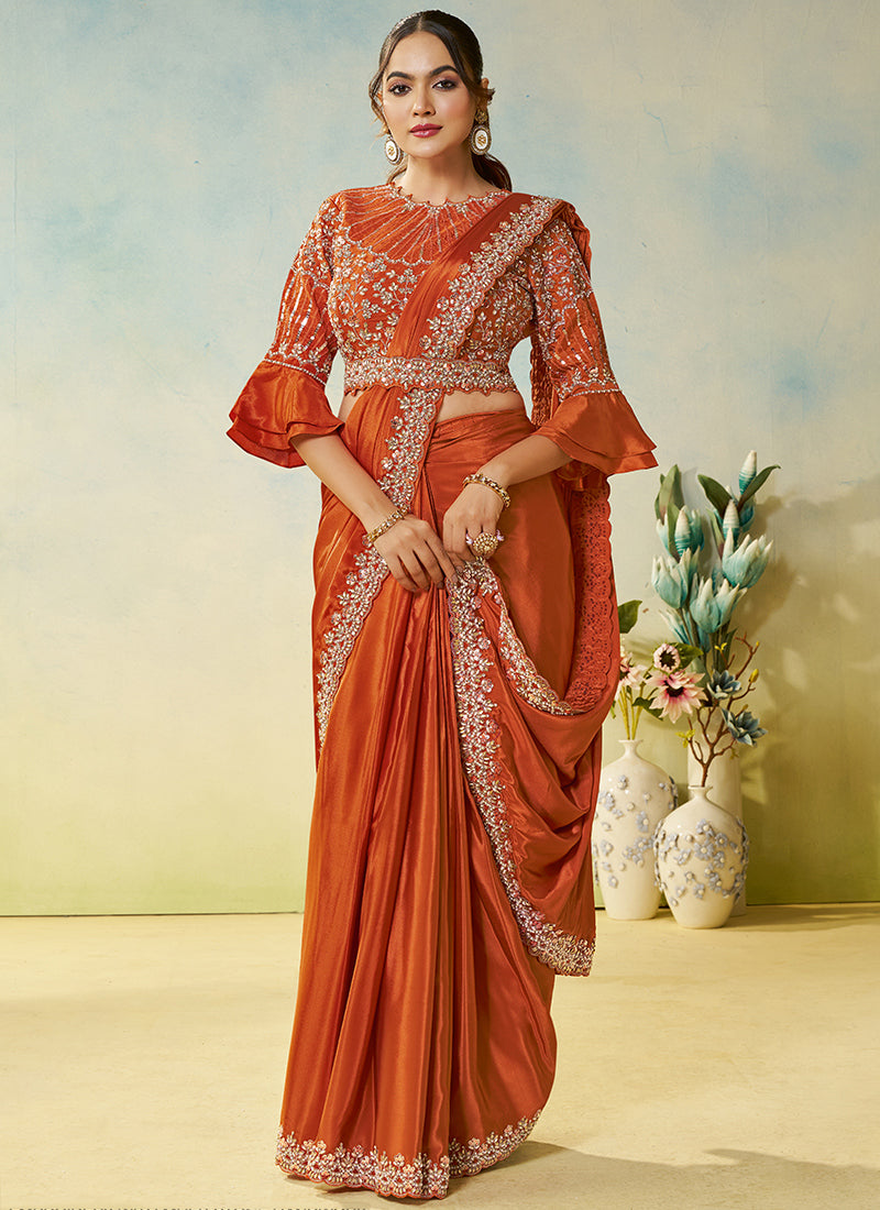 Orange Natural Satin Silk Sequin Work Party Wear Ready To Wear Saree SW852779