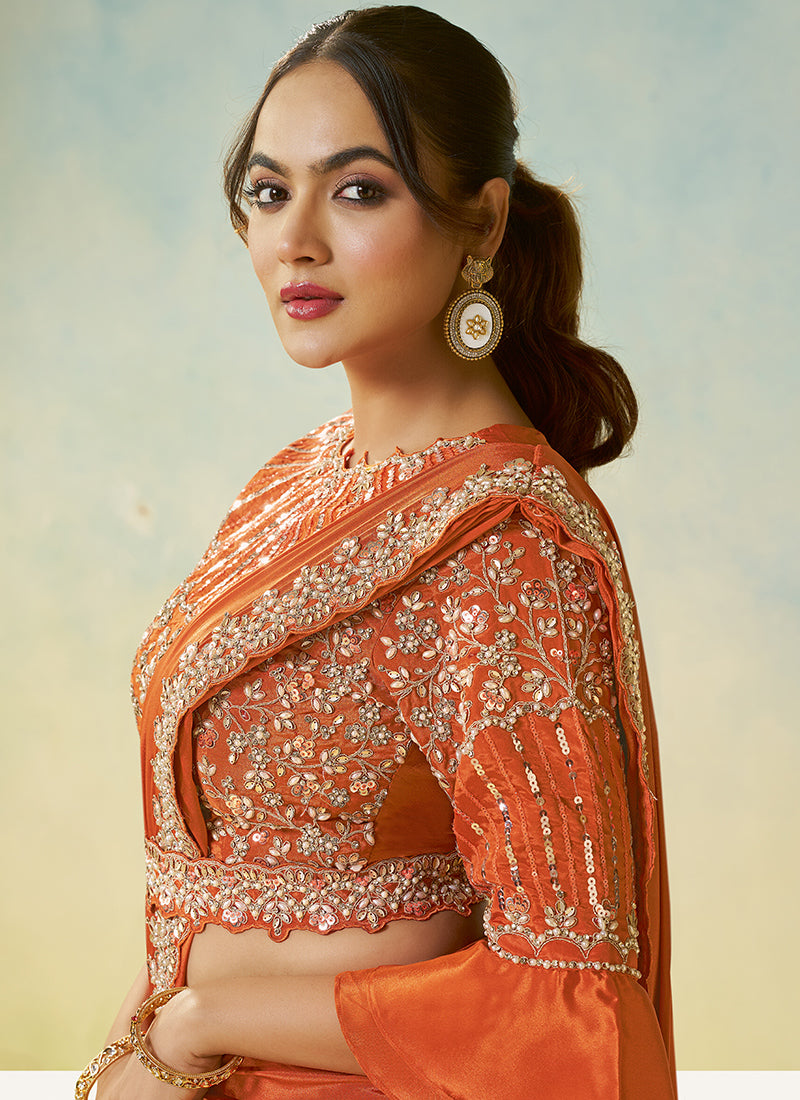 Orange Natural Satin Silk Sequin Work Party Wear Ready To Wear Saree SW852779
