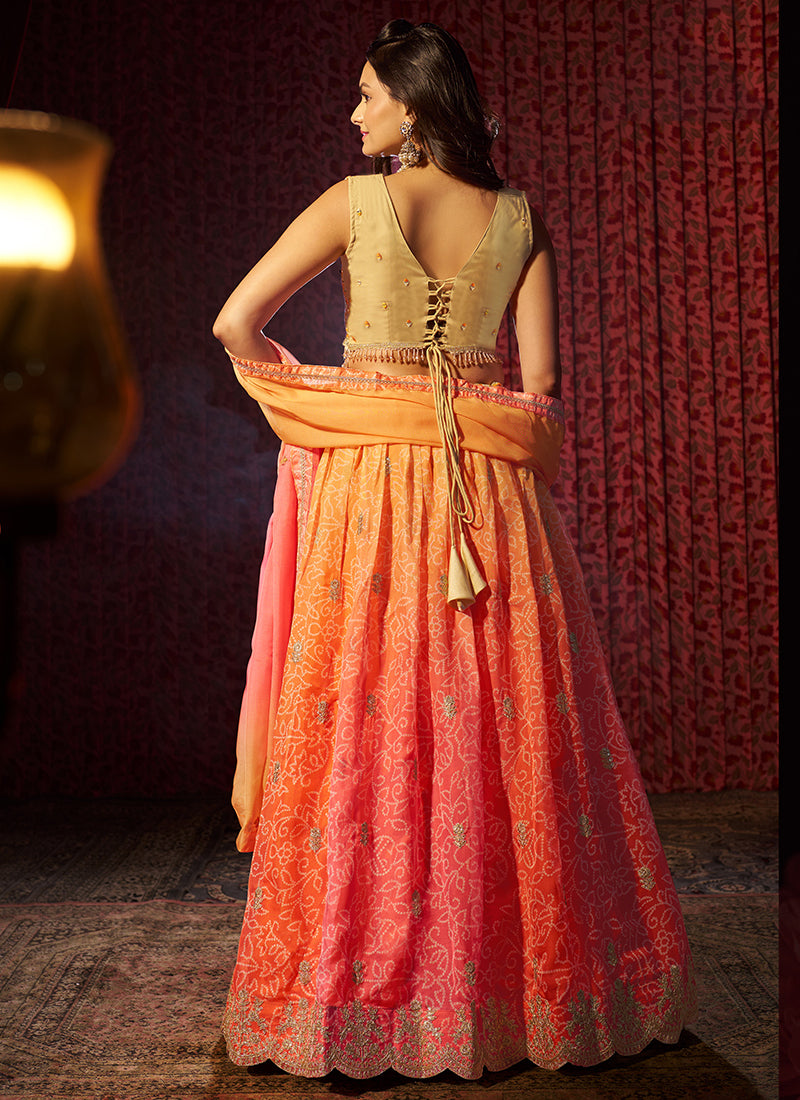 Organza Orange Party Wear Printed Lehenga Choli