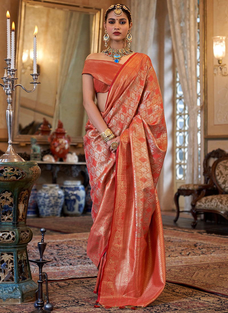 Pv Tissue Silk Orange Wedding Wear Weaving Work Saree 388676