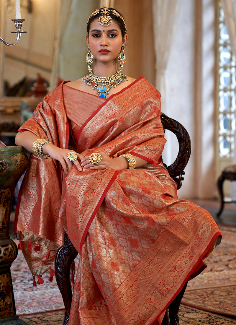 Pv Tissue Silk Orange Wedding Wear Weaving Work Saree 388676