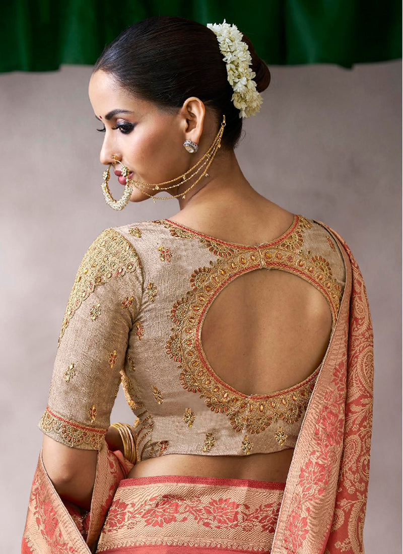 Pure Crepe Orange Wedding Wear Heavy Work Wedding Saree