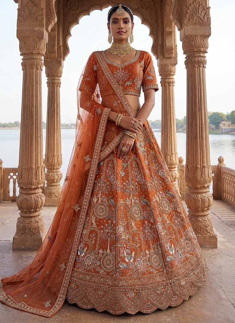 Orange Silk Embroidery Work Wedding Wear Lehenga Choli SW692655