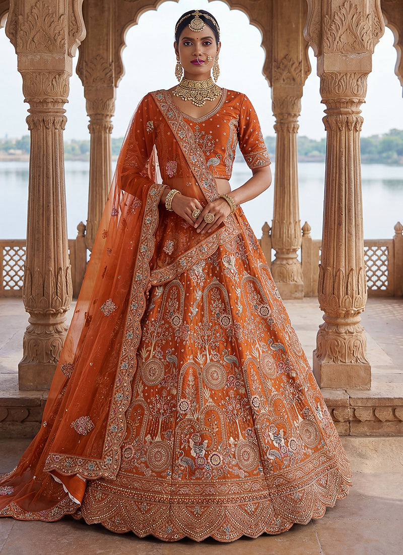 Orange Silk Embroidery Work Wedding Wear Lehenga Choli SW692655
