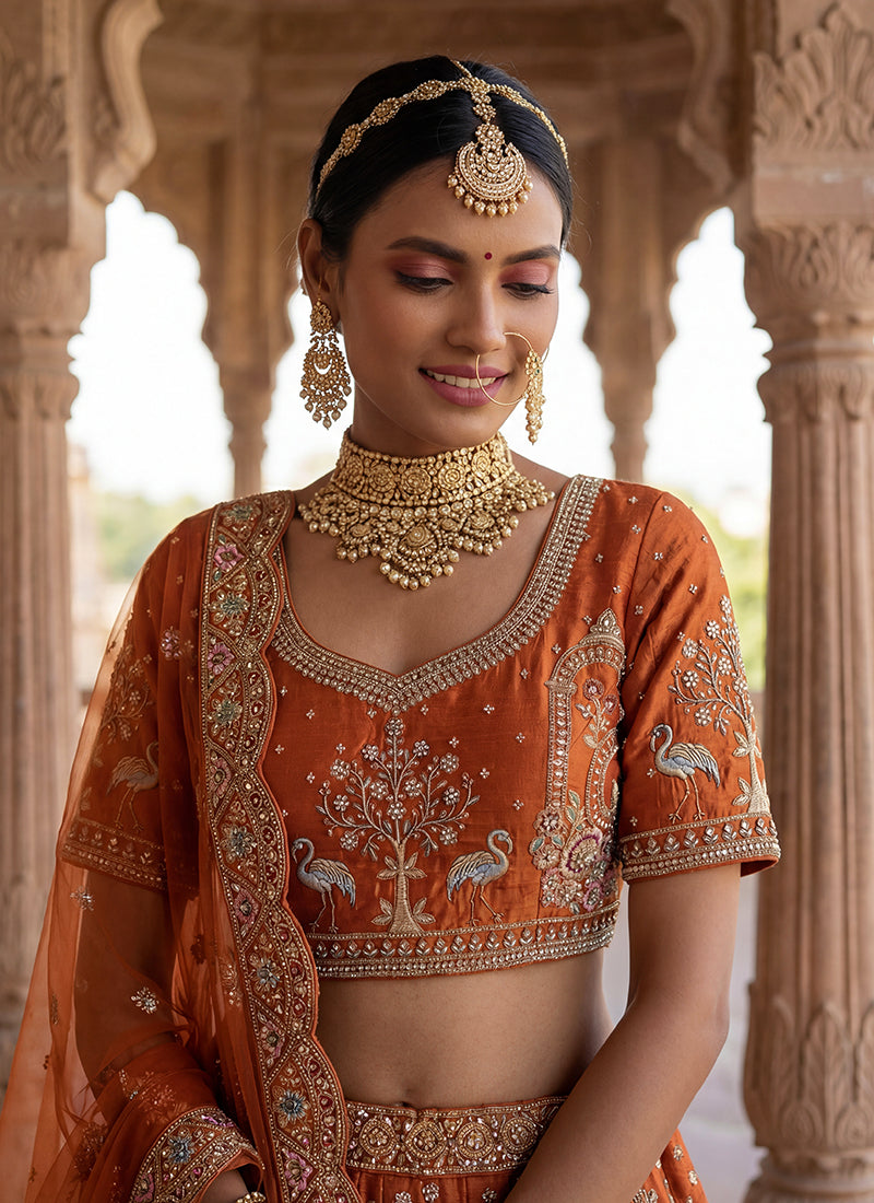 Orange Silk Embroidery Work Wedding Wear Lehenga Choli SW692655