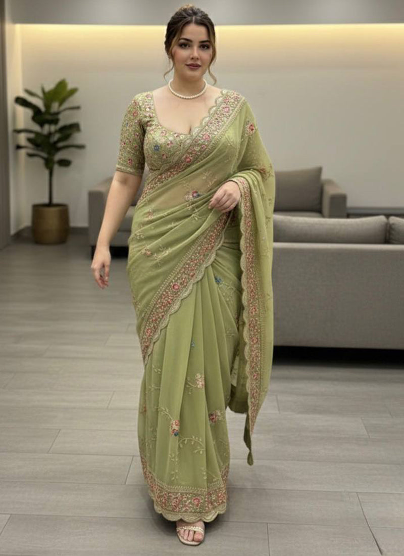 Pista Green Georgette Embroidery Work Casual Wear Saree SW159021