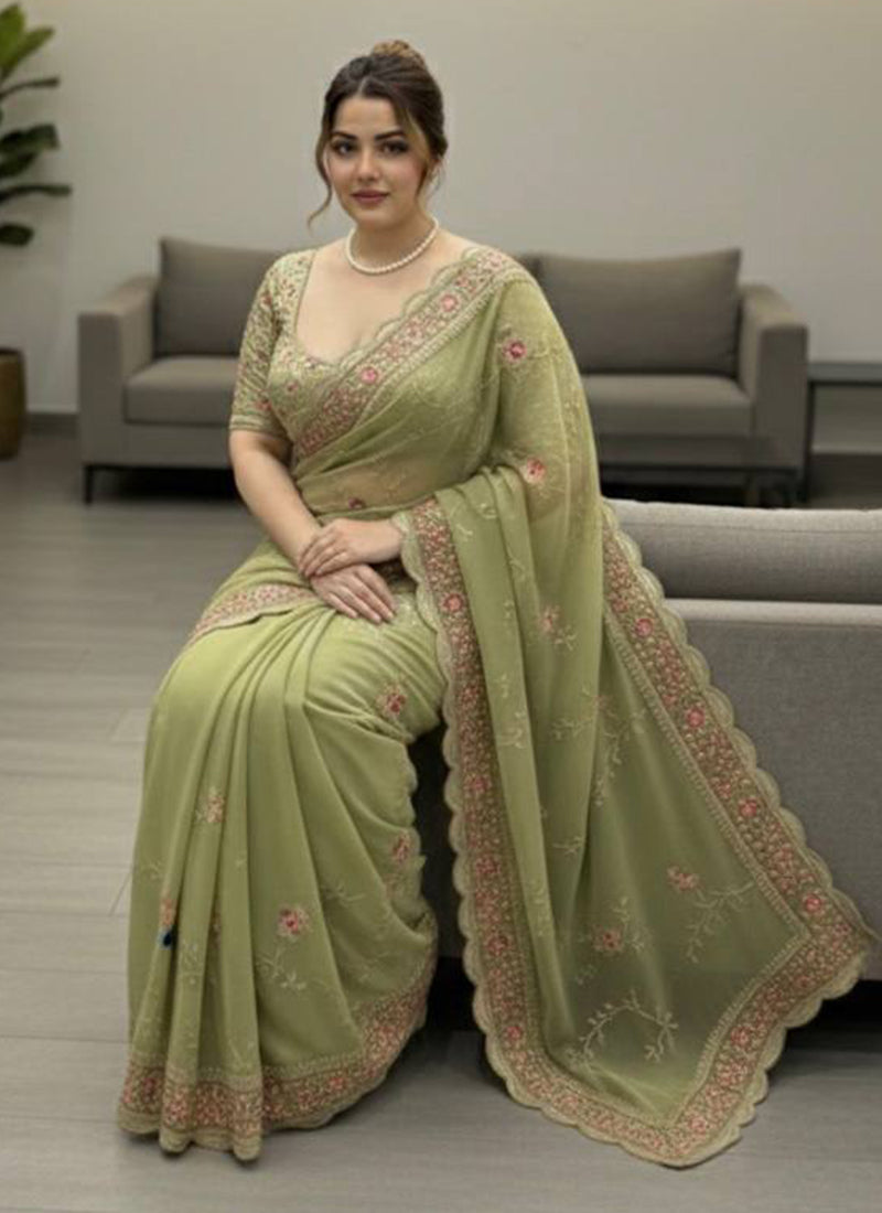 Pista Green Georgette Embroidery Work Casual Wear Saree SW159021